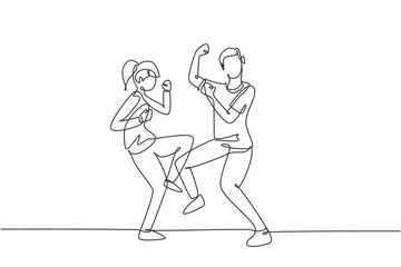 Fototapeta na wymiar Single one line drawing man woman dancing Lindy hop or Swing together. Male and female characters performing dance at school or party. Modern continuous line draw design graphic vector illustration