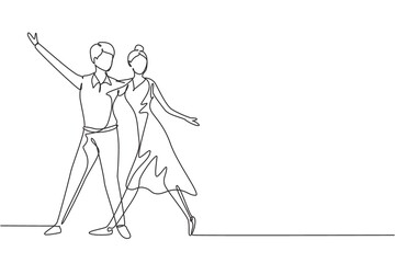 Continuous one line drawing male female professional dancer couple dancing tango, waltz dances together on dancing contest dancefloor. Fun activity. Single line draw design vector graphic illustration