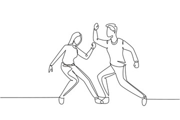 Obraz premium Continuous one line drawing man and woman dancing Lindy hop or Swing. Male and female characters performing dance at school or party. Fun lifestyle. Single line draw design vector graphic illustration