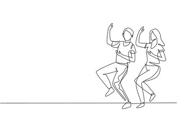 Fototapeta na wymiar Single continuous line drawing man and woman dancing Lindy hop or Swing. Male and female characters performing dance at school. Happy couple. Dynamic one line draw graphic design vector illustration