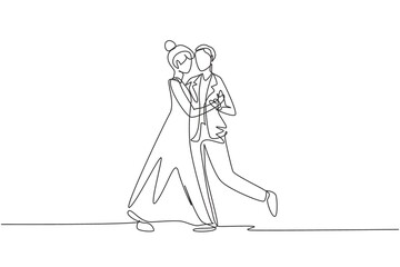 Single continuous line drawing man woman professional dancer couple dancing tango, waltz dances on dancing contest dancefloor. Romantic night. Dynamic one line draw graphic design vector illustration
