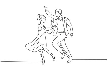 Single continuous line drawing man and woman performing dance at school, studio, party. Male and female characters dancing tango at Milonga. Dynamic one line draw graphic design vector illustration