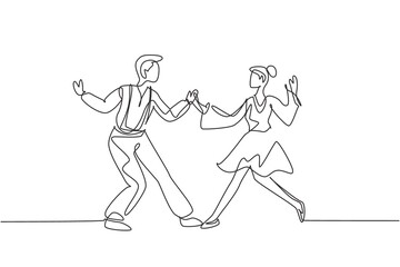Continuous one line drawing man and woman dancing Lindy hop or Swing together. Male and female characters performing dance at school or party. Single line draw design vector graphic illustration