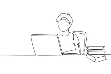 Single continuous line drawing girl studying with laptop and pile of books. Back to school, intelligent student, online education concept. Dynamic one line draw graphic design vector illustration