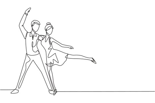 Single Continuous Line Drawing People Dancing Salsa. Couples, Man And Woman In Dance. Pairs Of Dancers With Waltz Tango And Salsa Styles Moves. Dynamic One Line Draw Graphic Design Vector Illustration