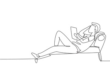 Single continuous line drawing young man reading, learning and laying down on recliner sofa. Literature fans or lovers. Education concept. Dynamic one line draw graphic design vector illustration