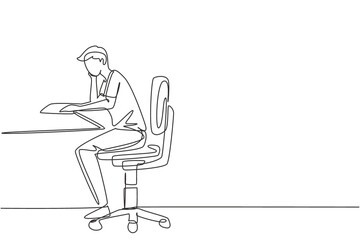 Continuous one line drawing young man reading, learning and sitting on chair around table. Study in library. Intelligent student, education concept. Single line draw design vector graphic illustration