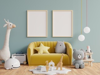 Modern and design Mockup posters in child room interior, posters on empty dark green wall background.