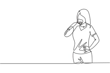 Single continuous line drawing young female having bakery meal with hand. Happy and enjoy lunch snack at office. Delicious and healthy food. Dynamic one line draw graphic design vector illustration