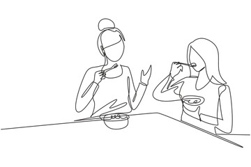 Single continuous line drawing mom and daughter having cereal meal together around table. Happy and enjoy breakfast at home. Tasty and healthy food. One line draw graphic design vector illustration