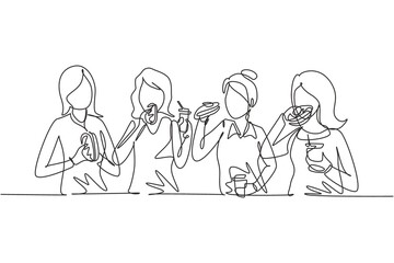 Continuous one line drawing friends eating fast food meal in restaurant. Group of happy women sitting, talking, dinner, burgers and drinking soda. Single line draw design vector graphic illustration