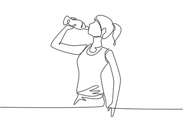 Continuous one line drawing young beautiful woman drinking fresh water from a bottle with her right hand after fitness. Healthy lifestyles concept. Single line draw design vector graphic illustration
