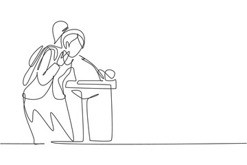Single continuous line drawing a young woman who is thirsty drinking at the ready-to-drink taps that are widely available in public spaces. Dynamic one line draw graphic design vector illustration