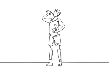 Single continuous line drawing young man standing and drinking fresh water from a bottle with his right hand after exercising. Healthy lifestyles. One line draw graphic design vector illustration