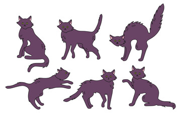 Cat black doodle Halloween set. Active poses healthy cartoon kitten, cute or scary, angry wicked thin cats collection. Funny playing character pet wild kitty design. Vector flat horror illustration