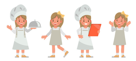 Set of children character vector design. Girl wear grey dress. Presentation in various action with emotions. kids cooking food.