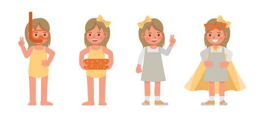 Fototapeta premium Set of children character vector design. Girl wear grey dress. Presentation in various action with emotions. kids doing activity.
