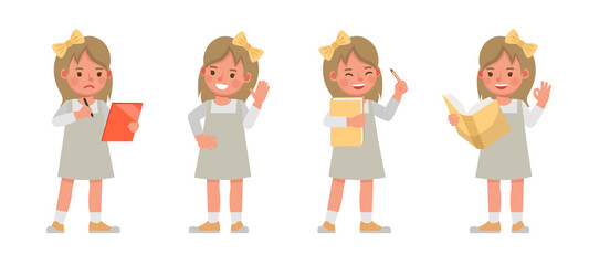 Set of children character vector design. Girl wear grey dress. Presentation in various action with emotions. kids reading and hold a book.