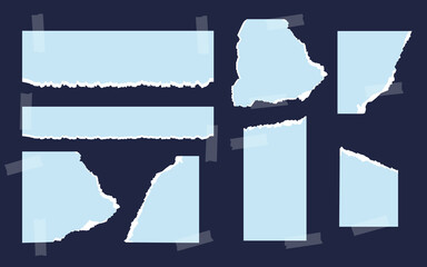Set of torn blue paper of different shapes with adhesive tape. Blank ripped paper templates with frayed edge for scraps, reminder, note. Piece memo sheet for scrapbook or notebook. Vector illustration