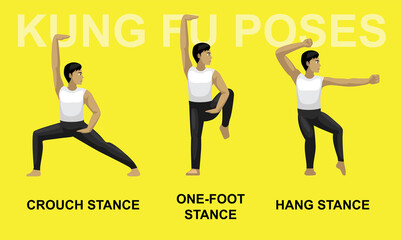 Kung Fu Poses Crouch Stance One-Foot Hang Cartoon Vector Illustration