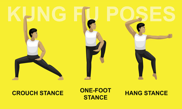 Kung Fu Poses Crouch Stance One-Foot Hang Cartoon Vector Illustration