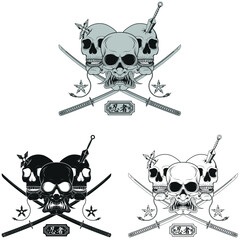 Vector design of ninja skull with japanese mask hannya, kunai, shuriken and two katana swords, grayscale, black and white
