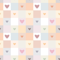 Seamless Pattern with Hearts on Pastel Plaid Background