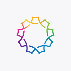 Abstract geometric sun logo with colorful rainbow color which looks unique and eye catchy. The lines are circular and form an infinite path.