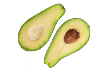 Two halves of avocado slices isolated on a white background