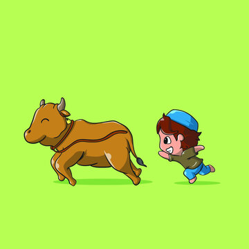 boy catchup cow vector icon illustration
