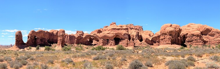 A Beautiful Panoramic of the Desert Rock Formations in Arches National Park Near Moab, Utah  
