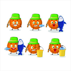 A fisherman orange biscuit cartoon picture catch a big fish. Vector illustration