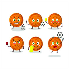 Orange biscuit cartoon character working as a Football referee. Vector illustration