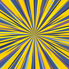 Pop art radial colorful comics book magazine cover. Striped orange and blue digital background. Cartoon funny retro pattern strip mock up. Vector halftone illustration. Sunburst, starburst shape