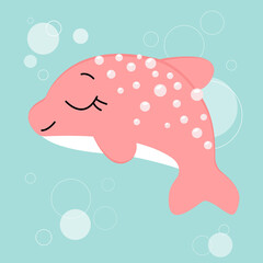 Cute pink dolphin on a blue background with bubbles