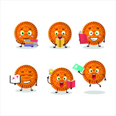 A picture of orange biscuit cartoon character concept reading an amusing book. Vector illustration