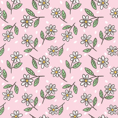 Seamless Pattern of Hand Drawn Flower Art Design on Pink Background