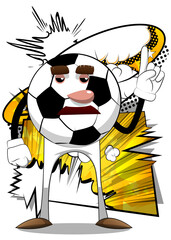 Soccer ball making a point. Traditional football ball as a cartoon character with face.