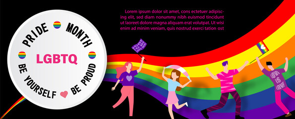 Group of peoples dancing happily on 6 colors bar of Pride flag (symbols of LGBT rights) with wording about LGBT rights campaign on white banner and example texts on black background.