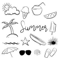 set of Hand drawn summer cute black and white icon 