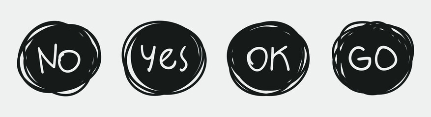 A set of hand-drawn circles with doodles using words such as; no, yes,ok, go. Scratches for your design. Vector illustration. Isolated on a white background