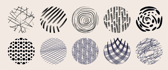 Circle textures with hand drawn textures made with ink pencil brush geometric patterns of spots dots strokes stripes lines