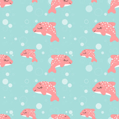 Seamless pattern cute pink dolphin on blue background with bubbles