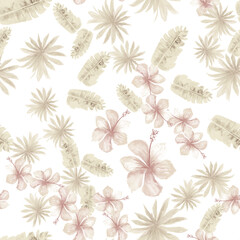 Gray Seamless Illustration. Brown Pattern Design. White Tropical Plant. Banana Leaves. Flower Exotic. Floral Exotic. Watercolor Illustration. Decoration Design.