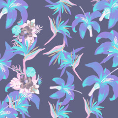 Navy Pattern Textile. Coral Tropical Plant. Cobalt Floral Art. Blue Flora Textile. Violet Decoration Textile. Indigo Wallpaper Design. Purple Spring Leaf.
