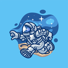 Astronaut Running on the Moon Illustration Cartoon