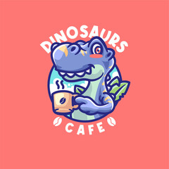 Dinosaurs Drinking Coffee Cartoon Illustration
