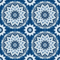 Mediterranean flair floral mandala with hearts, anchors, dots in serene, calming, classic blue shades with geometric execution for any surface. Inspired by a sea and the sky just before night falls.