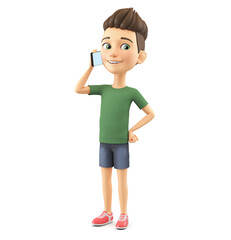Cheerful cartoon character boy in a green T-shirt speaks on the phone. 3d render illustration.