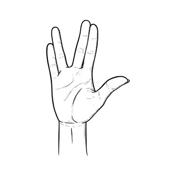 Vulcan greeting and salute gesture. Live long and prosper hand sign. Black vector illustration isolated in white background